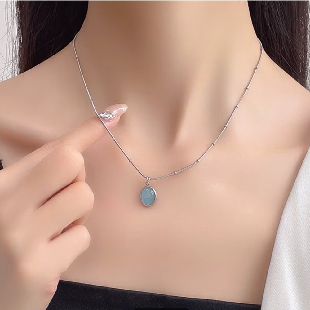 Elegant Stainless Steel Silver Necklace with Blue Pendant